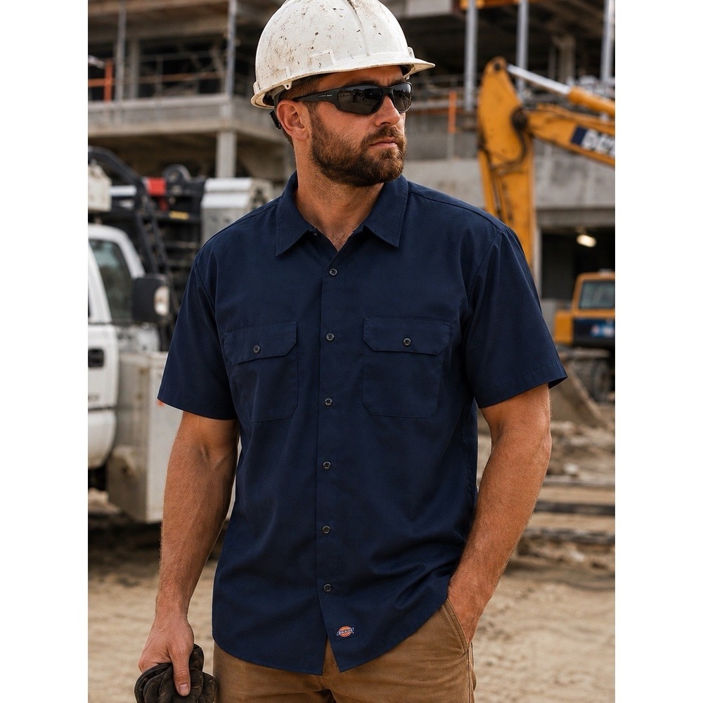 NWT Dickies FLEX Short Sleeve Twill Work Shirt Navy Blue 2XL Button Down WS675DN